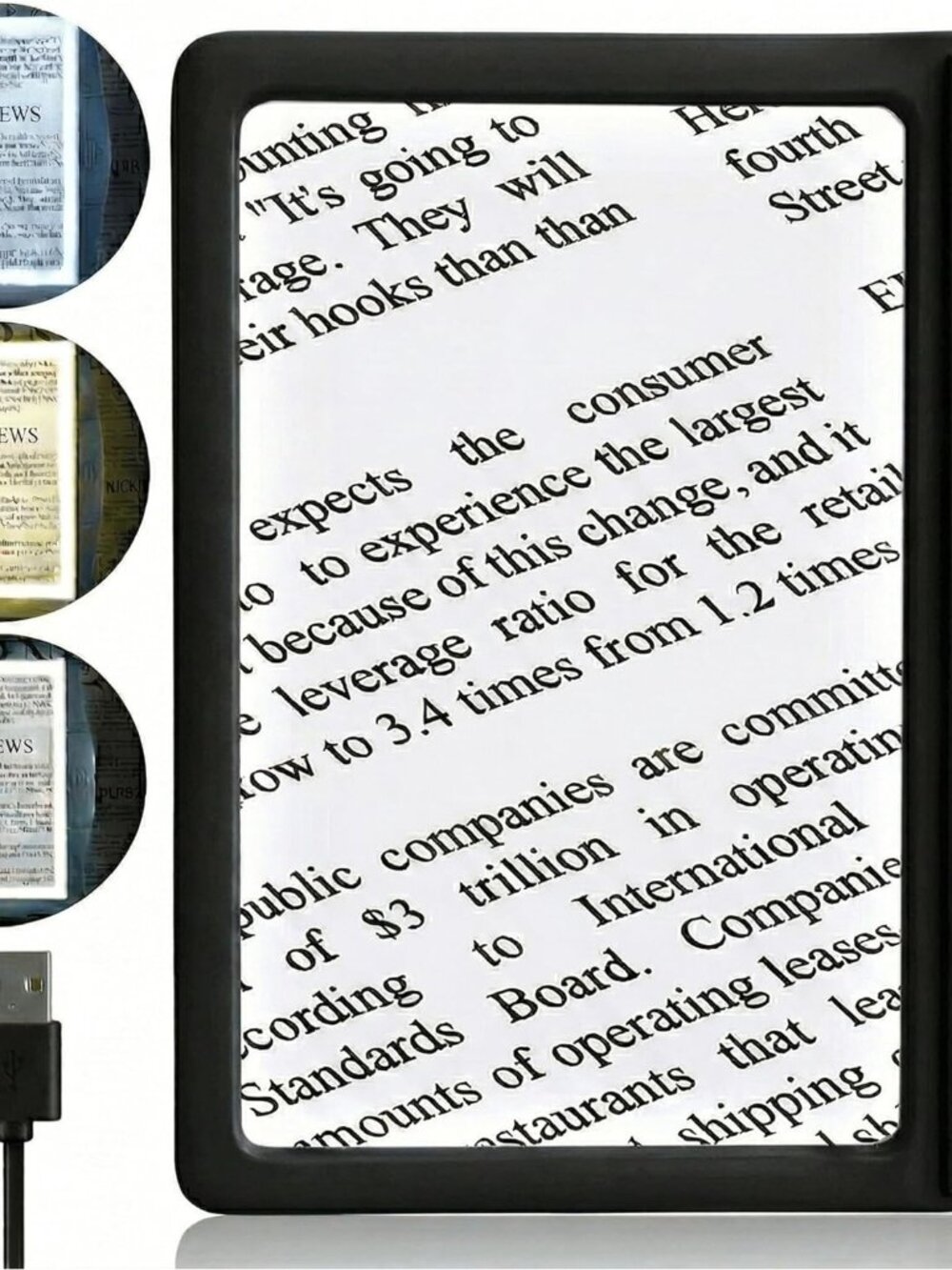 5X Rechargeable Large Ultra Bright LED Page Magnifier with Anti-Glare Lens & 3 C